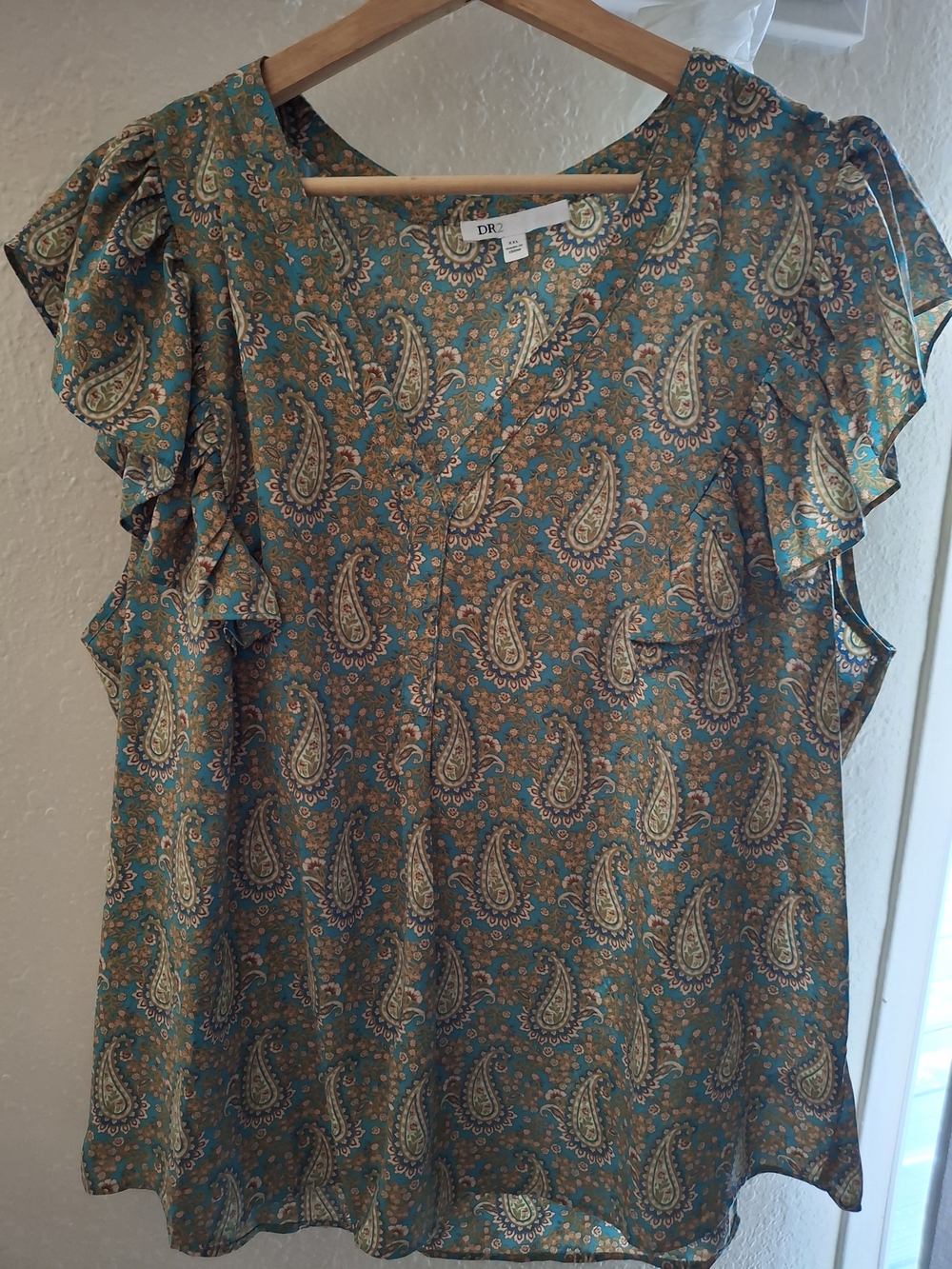 DR2 Teal Paisley Ruffle Sleeve Blouse